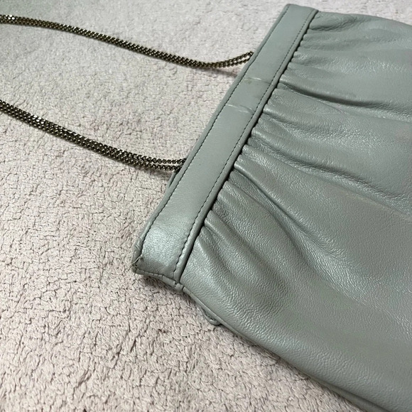 Vintage Leather/Chain Purse Bow Handbag-Grey-Clutch-Vtg-Gray-Retro-Tradwife-60s - Picture 7 of 15